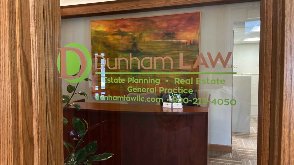 The office door at Dunham Law LLC.